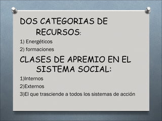 DOS CATEGORIAS DE
   RECURSOS:
1) Energéticos
2) formaciones

CLASES DE APREMIO EN EL
   SISTEMA SOCIAL:
1)Internos
2)Externos
3)El que trasciende a todos los sistemas de acción
 