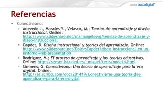 Referencias
§  Conectivismo:
ú  Acevedo J., Morales Y., Velasco, M.; Teorías de aprendizaje y diseño
instruccional. Online:
http://www.slideshare.net/mariangelesvg/teorias-de-aprendizaje-y-
diseo-instruccional
ú  Capdet, D. Diseño instruccional y teorías del aprendizaje. Online:
http://www.slideshare.net/DolorsCapdet/diseo-instruccional-en-un-
entorno-web-presentation
ú  Rodríguez, M.; El proceso de aprendizaje y las teorías educativas.
Online: http://sensei.lsi.uned.es/~miguel/tesis/node14.html
ú  Siemens, G. Conectivismo: Una teoría de aprendizaje para la era
digital. Online:
http://es.scribd.com/doc/201419/Conectivismo-una-teoria-del-
aprendizaje-para-la-era-digital
 