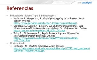 Referencias
§  Prototipado rápido (Tripp & Bichelmeyer):
ú  Hoffman J., Margerum, J.; Rapid prototyping as an instructional
design. Online:
http://www-personal.umich.edu/~jmargeru/prototyping/
ú  Orellana N., Suárez J., Belloch, C.; El diseño instruccional, una
dimensión insuficientemente atendida en la teleformación. Online:
http://ute.uv.es/ute/presen/VE_2001_042.pps
ú  Tripp S., Bichelmeyer B.; Rapid Prototyping: An Alternative
Instructional Design Strategy. Online:
http://www.quasar.ualberta.ca/edpy597mappin/readings/
m11_Tripp.htm
§  Modelo Acad:
ú  Castañón, N.; Modelo Educativo Acad. Online:
http://salonvirtual.upel.edu.ve/pluginfile.php/17793/mod_resource/
content/1/Modelo_Acad.ppt
 