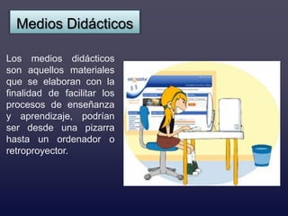 Medios Didácticos

Los medios didácticos
son aquellos materiales
que se elaboran con la
finalidad de facilitar los
procesos de enseñanza
y aprendizaje, podrían
ser desde una pizarra
hasta un ordenador o
retroproyector.
 