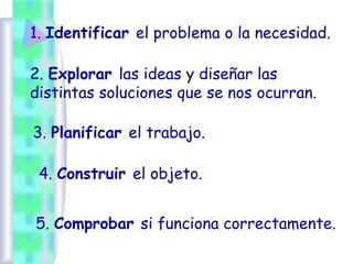 1. Identificar el problema o la necesidad.
2. Explorar las ideas y diseñar las
distintas soluciones que se nos ocurran.
3. Planificar el trabajo.
4. Construir el objeto.
5. Comprobar si funciona correctamente.
 