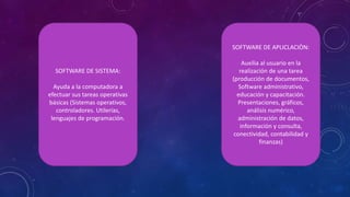 SOFTWARE DE SISTEMA:
Ayuda a la computadora a
efectuar sus tareas operativas
básicas (Sistemas operativos,
controladores. Utilerías,
lenguajes de programación.
SOFTWARE DE APLICLACIÒN:
Auxilia al usuario en la
realización de una tarea
(producción de documentos,
Software administrativo,
educación y capacitación.
Presentaciones, gráficos,
análisis numérico,
administración de datos,
información y consulta,
conectividad, contabilidad y
finanzas)
 