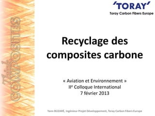 Recyclage des
composites carbone
« Aviation et Environnement »
IIe Colloque International
7 février 2013

Yann BUZARÉ, Ingénieur Projet Développement, Toray Carbon Fibers Europe

 