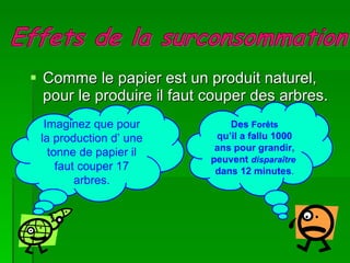 Comme le papier est un produit naturel, pour le produire il faut couper des arbres. Imaginez que pour la production d’ une tonne de papier il faut couper 17 arbres. Des  Forêts qu’il a fallu 1000 ans pour grandir, peuvent  disparaître   dans 12 minutes . 