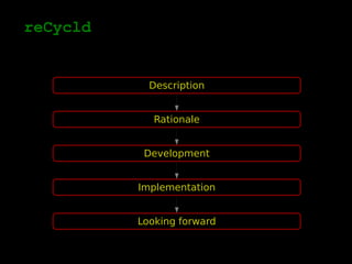 reCycld
Rationale
Development
Implementation
Looking forward
Description
 