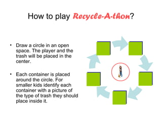 How to play Recycle-A-thon?


• Draw a circle in an open
  space. The player and the
  trash will be placed in the
  center.

• Each container is placed
  around the circle. For
  smaller kids identify each
  container with a picture of
  the type of trash they should
  place inside it.
 