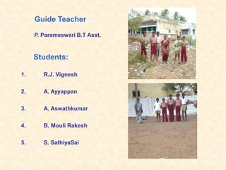 Guide Teacher

     P. Parameswari B.T Asst.


     Students:

1.      R.J. Vignesh


2.      A. Ayyappan


3.      A. Aswathkumar


4.      B. Mouli Rakesh


5.      S. SathiyaSai
 