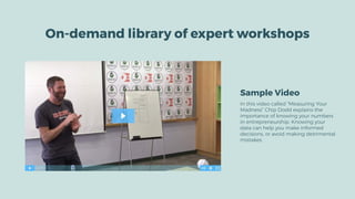 Sample Video
In this video called “Measuring Your
Madness” Chip Dodd explains the
importance of knowing your numbers
in entrepreneurship. Knowing your
data can help you make informed
decisions, or avoid making detrimental
mistakes.
 