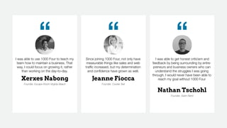 I was able to use 1000 Four to teach my
team how to maintain a business. That
way, I could focus on growing it, rather
than working on the day-to-day.
Xerxes Nabong
Founder, Escape Room Virginia Beach
Since joining 1000 Four, not only have
measurable things like sales and web
traffic increased, but my determination
and confidence have grown as well.
Jeanne Fiocca
Founder, Cookie Text
I was able to get honest criticism and
feedback by being surrounding by entre-
preneurs and business owners who can
understand the struggles I was going
through. I would never have been able to
reach my goal without 1000 Four
Nathan Tschohl
Founder, Swim Nerd
 