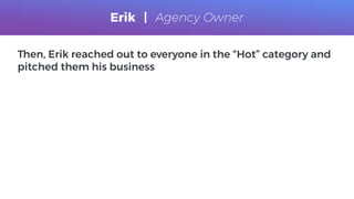 Then, Erik reached out to everyone in the “Hot” category and
pitched them his business
Erik | Agency Owner
 