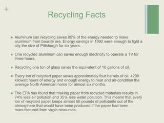 Recycling FactsAluminum can recycling saves 95% of the energy needed to make aluminum from bauxite ore. Energy savings in 1992 were enough to light a city the size of Pittsburgh for six years.One recycled aluminum can saves enough electricity to operate a TV for three hours.Recycling one ton of glass saves the equivalent of 10 gallons of oil.Every ton of recycled paper saves approximately four barrels of oil, 4200 kilowatt hours of energy and enough energy to heat and air-condition the average North American home for almost six months.The EPA has found that making paper from recycled materials results in 74% less air pollution and 35% less water pollution. This means that every ton of recycled paper keeps almost 60 pounds of pollutants out of the atmosphere that would have been produced if the paper had been manufactured from virgin resources.