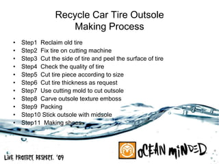 Recycle Car Tire Outsole
Making Process
• Step1 Reclaim old tire
• Step2 Fix tire on cutting machine
• Step3 Cut the side of tire and peel the surface of tire
• Step4 Check the quality of tire
• Step5 Cut tire piece according to size
• Step6 Cut tire thickness as request
• Step7 Use cutting mold to cut outsole
• Step8 Carve outsole texture emboss
• Step9 Packing
• Step10 Stick outsole with midsole
• Step11 Making shoes
 