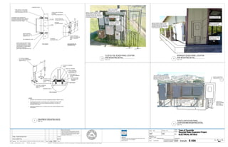 CONCRETE WALL
13/32" DEPTH x 13/16" WIDE
CHANNEL STRUT: UNISTRUT
P7000 OR EQUAL (TYP OF 2)

INSTALL RTU CABINET
FINAL LOCATION TO
BE DIRECTED BY OWNER

13/16"x1-5/8" ELECTRICAL
CHANNEL
(UNI-STRUT) (SEE NOTE 1)

5/8"Ø STAINLESS
STEEL BOLTS (TYP)

5" MIN

3"x3"x3/8"
ALUMINUM ANGLE
1/2" (MIN)

3/8"Ø STAINLESS
STEEL BOLT, NUT &
WASHER (TYP)

3/8"Ø STAINLESS STEEL EPOXY
COATED ANCHOR BOLT - SIZED
LARGER BASED ON SUPPORTED
LOAD. REFER TO STRUCTURAL
SPECIFICATIONS FOR
ADDITIONAL INFORMATION (TYP)

1

CONDUITS TO SCADA
ANTENNA AND POND
LEVEL SENSOR

INSTALL POWER CONDUIT FROM
BREAKER BOX (2 SPARE SLOTS).
UTILIZE EXISTING 120V 15A OR 20A
BREAKER. PROVIDE NEW BREAKER
IF NO SPARE AVAILABLE.

INSTALL RTU CABINET
FINAL LOCATION TO
BE DIRECTED BY OWNER

ATTACH GROUND
CABLE TO STAINLESS
STEEL THREADED
ROD

CONCRETE
EQUIPMENT PAD

3/8" SPRING NUT (TYP)

INSTALL WOOD PANEL
TO MATCH EXISTING

-

10" MIN

1-5/8" (MIN)

INSTALL EQUIPMENT
RACK PER DTL

2" MIN

EQUIPMENT ENCLOSURE WITH
EXTERNAL MOUNTING FEET (SIMILAR
MOUNTING FOR ENCLOSURES WITH
INTERNAL MOUNTING HOLES

INSTALL POWER CONDUIT FROM
BREAKER BOX (2 SPARE SLOTS).
UTILIZE EXISTING 120V 15A OR 20A
BREAKER. PROVIDE NEW BREAKER
IF NO SPARE AVAILABLE.

WALL MOUNT

CONDUITS TO SCADA
ANTENNA AND POND
LEVEL SENSOR

SIDE MOUNTED ON
EQUIPMENT PAD

2

1/4" THICK ALUMINUM
PLATE: SIZE AS REQUIRED
(SEE NOTE 2,3)

CLOS DU VAL SCADA PANEL LOCATION
AND MOUNTING DETAIL

BERINGER SCADA PANEL LOCATION
AND MOUNTING DETAIL

3

SCALE : NTS

SCALE : NTS

4'-6" MIN
6'-6" MAX

3"x3"x3/8" ALUMINUM
ANGLE
WELD ALL AROUND
5/8"Ø THREADED,
STAINLESS STEEL
ROD (TYP OF 4)
3/8" THICK X 7"
SQUARE ALUMINUM
PLATE

1"
(TYP)

EXISTING POWER BREAKER BOX
UTILIZE EXISTING 120V 15A OR 20A
BREAKER. PROVIDE NEW BREAKER
IS NO SPARE AVAILABLE

1/8" THICK RIGID
NEOPRENE OR
FORMICA

5/8"Ø NUT (TYP)
1" NON-SHRINK
GROUT

INSTALL RTU CABINET
FINAL LOCATION TO
BE DIRECTED BY OWNER

INSTALL EQUIPMENT
RACK PER DTL

1
-

6" EMBEDMENT
3"X3"X3/8" ALUMINUM
ANGLE POST (SEE
NOTE 1)
CONCRETE SLAB

FREE STANDING

NOTES:
1. PROVIDE TWO SUPPORTS FOR ENCLOSURES/EQUIPMENT WIDER THAN 8".

INSTALL POWER CONDUIT
FROM BREAKER BOX TO
SCADA PANEL

2. ALUMINUM MOUNTING PLATES SHALL BE 2" GREATER ON EACH SIDE
THAN DIMENSION OF THE ENCLOSURE(S)/EQUIPMENT. ROUND ALL
CORNERS AND EDGES.

CONDUITS TO
SCADA ANTENNA
AND POND
LEVEL SENSOR

3. ANCHOR ALUMINUM PLATE TO ANGLE POST WITH 3/8"Ø STAINLESS STEEL
FASTENERS.

1

EQUIPMENT MOUNTING RACK

STAG'S LEAP SCADA PANEL
LOCATION AND MOUNTING DETAIL

SCALE : NTS

5

Reuse of Documents

Drawn

This document and the ideas and designs incorporated
herein, as an instrument of professional service, is the
property of GHD Inc. and shall not be reused in whole or
in part for any other project without GHD Inc.'s written
authorization. © GHD Inc. 2012

FINAL TOWN REVIEW NFC
100% SUBMITTAL
No

1/7/14
5/24/13

Revision

Plot Date:

Note: * indicates signatures on original issue of drawing or last revision of drawing

27 November 2013 - 2:47 PM

Plotted by: Ben Langston

Drawn

Job
Project
Manager Director

Cad File No:

Date

N:USSanta RosaProjects12027 - The Town of Yountville12027-11-001 Recycled Water Expansion Project06-CADSheets1202711001 E-506.dwg

MTC

Designer WZ

SCALE : NTS

Client
Project

Drafting
Check

GHD Inc.
2235 Mercury Way Suite 150 Santa Rosa California 95407 USA
T 1 707 523 1010 F 1 707 527 8679
W www.ghd.com

Design
Check

Approved
(Project Director)
JANUARY 2014
Date
Scale

AS SHOWN

This Drawing shall not be used
for Construction unless Signed
and Sealed For Construction

Title

Contract No.
Original Size

E-506

Sht

42

of

50

 