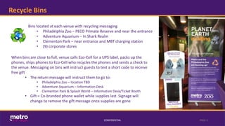 Recycle Bins
CONFIDENTIAL PAGE 5
When bins are close to full, venue calls Eco-Cell for a UPS label, packs up the
phones, ships phones to Eco-Cell who recycles the phones and sends a check to
the venue. Messaging on bins will instruct guests to text a short code to receive
free gift
• The return message will instruct them to go to:
• Philadelphia Zoo – location TBD
• Adventure Aquarium – Information Desk
• Clementon Park & Splash World – Information Desk/Ticket Booth
• Gift = Co-branded phone wallet while supplies last. Signage will
change to remove the gift message once supplies are gone
Bins located at each venue with recycling messaging
• Philadelphia Zoo – PECO Primate Reserve and near the entrance
• Adventure Aquarium – In Shark Realm
• Clementon Park – near entrance and MBT charging station
• (9) corporate stores
 