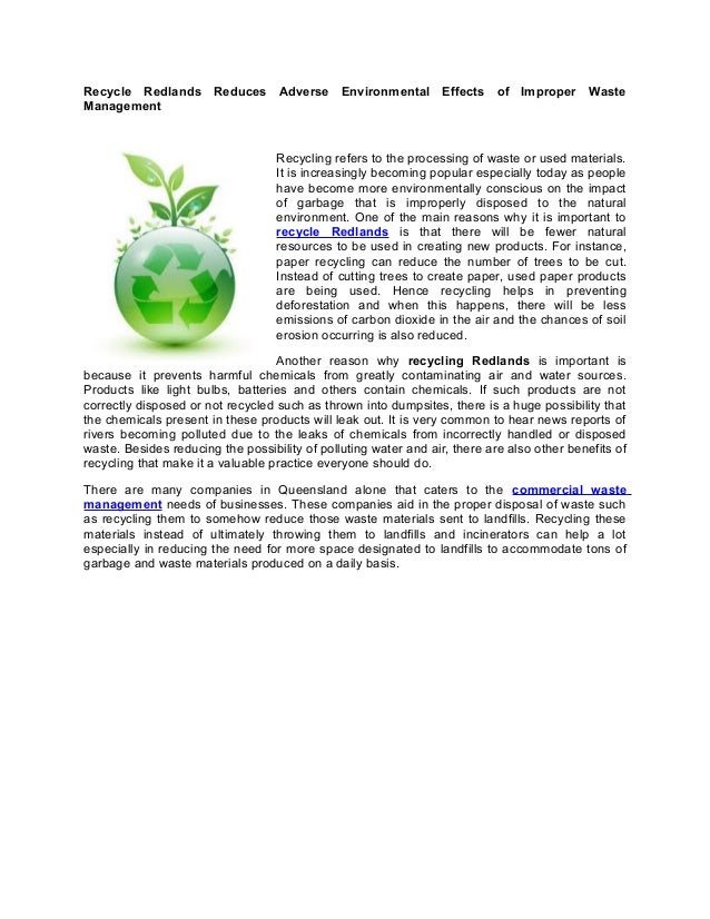 Recycle Redlands Reduces Adverse Environmental Effects of Improper Waste Management