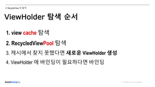 ⓒ NAVER Connect Foundation
2. RecyclerView 의 동작
ViewHolder 탐색 순서
ViewHolder
반환
1. view cache 탐색
2. RecycledViewPool 탐색
3. 캐시에서 찾지 못했다면 새로운 ViewHolder 생성
4. ViewHolder 에 바인딩이 필요하다면 바인딩
 