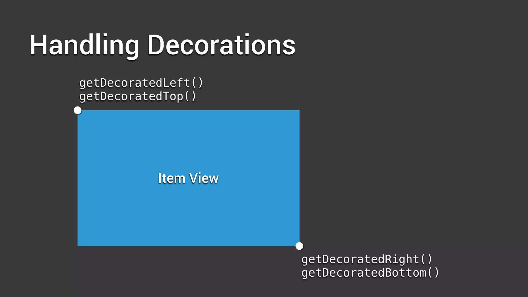 Handling Decorations
Item View
getDecoratedLeft()
getDecoratedTop()
getDecoratedRight()
getDecoratedBottom()
 