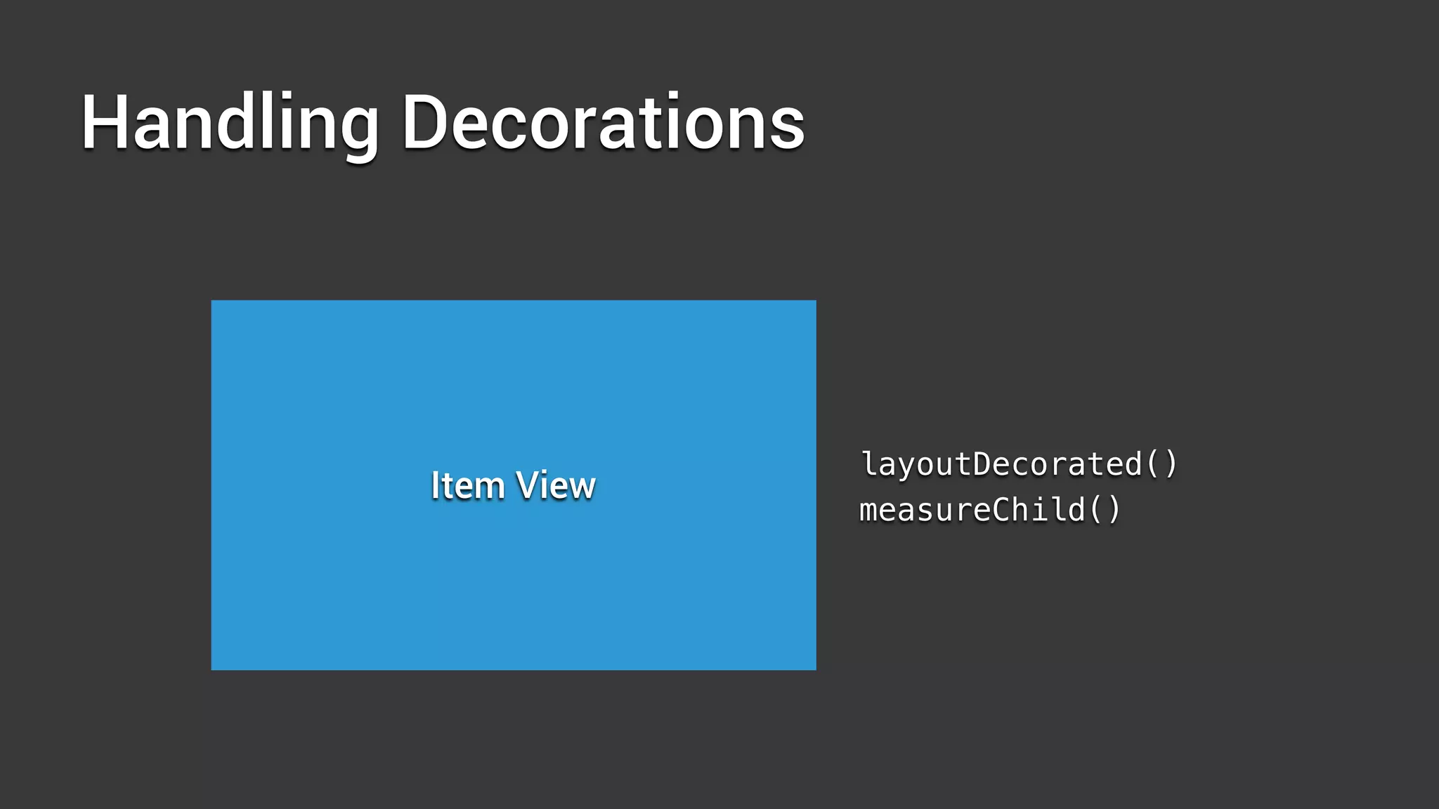 Handling Decorations
Item View
layoutDecorated()
measureChild()
 