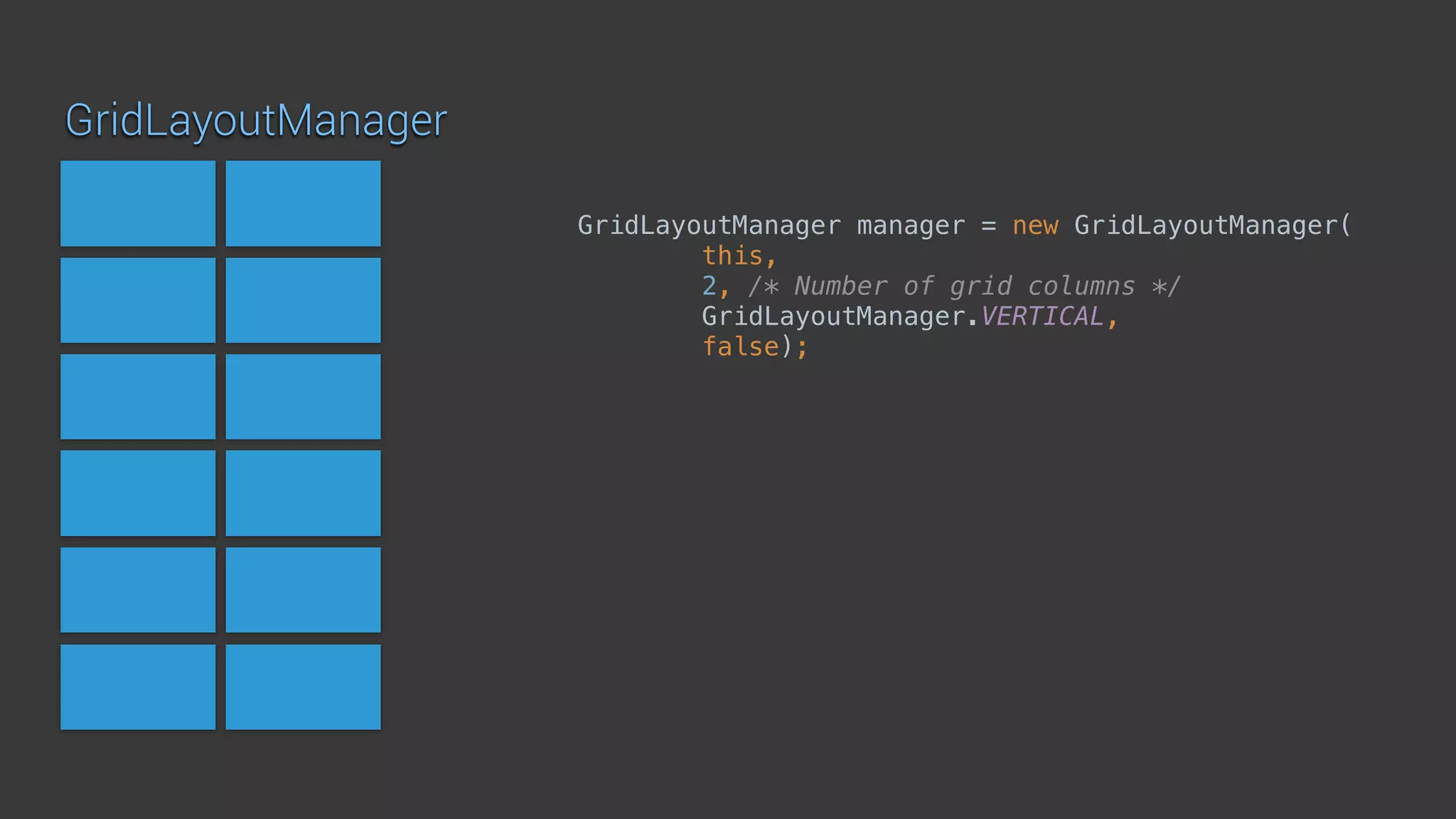 GridLayoutManager
GridLayoutManager manager = new GridLayoutManager(
this, 
2, /* Number of grid columns */ 
GridLayoutManager.VERTICAL, 
false);
 