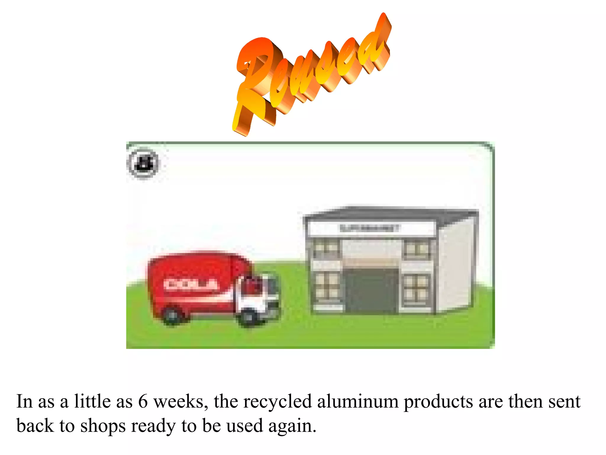 In as a little as 6 weeks, the recycled aluminum products are then sent
back to shops ready to be used again.
 