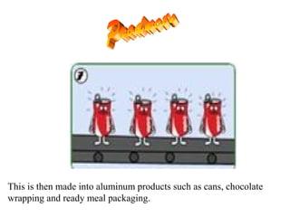 This is then made into aluminum products such as cans, chocolate
wrapping and ready meal packaging.
 
