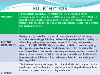 FOURTH CLASS
            The teachers greeted all the students, then we asked them
OPENING     arranging the movable desks all lined up in columns. After that we
            gave the some instructions about the exam. We explained each
            point of the evaluation and answered questions taking into account
            the students needs.



            the teachers gave students a sheet of paper that contained the exam
            activities. As starting point, they had to read a passage about recycling, in
DURING      which they had to select the correct answer. Then they had to answer
PROCEDURE   some OPEN QUESTIONS, they wrote down with their own ideas giving
            their point of view due to everybody thinks different. This part of the
            exam lasted like 20 minutes because they are in an elementary course. At
            the end of the exam we socialized the answers, and they spoke about the
            importance in which is recycling making emphasis in the speaking and
            listening skills.
            The teachers thanked and appreciated the students´ job, they were asked
            speaking about how they felt during the project, during the lessons, how
            effective the project use as a learning mode was.
CLOSURE
 