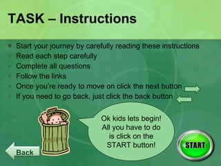 TASK – Instructions  Start your journey by carefully reading these instructions Read each step carefully Complete all questions Follow the links Once you’re ready to move on click the next button  If you need to go back, just click the back button Ok kids lets begin! All you have to do is click on the START button! Back 