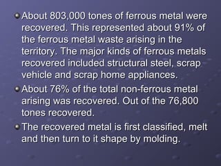 About 803,000 tones of ferrous metal wereAbout 803,000 tones of ferrous metal were
recovered. This represented about 91% ofrecovered. This represented about 91% of
the ferrous metal waste arising in thethe ferrous metal waste arising in the
territory. The major kinds of ferrous metalsterritory. The major kinds of ferrous metals
recovered included structural steel, scraprecovered included structural steel, scrap
vehicle and scrap home appliances.vehicle and scrap home appliances.
About 76% of the total non-ferrous metalAbout 76% of the total non-ferrous metal
arising was recovered. Out of the 76,800arising was recovered. Out of the 76,800
tones recovered.tones recovered.
The recovered metal is first classified, meltThe recovered metal is first classified, melt
and then turn to it shape by molding.and then turn to it shape by molding.
 