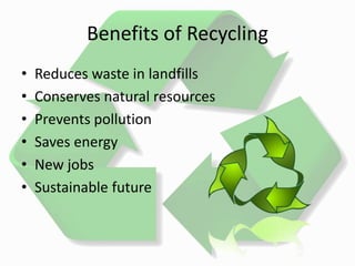 Benefits of Recycling
• Reduces waste in landfills
• Conserves natural resources
• Prevents pollution
• Saves energy
• New jobs
• Sustainable future
 