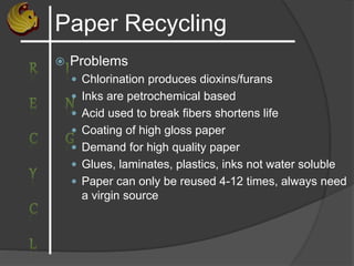 Paper Recycling
 Problems
 Chlorination produces dioxins/furans
 Inks are petrochemical based
 Acid used to break fibers shortens life
 Coating of high gloss paper
 Demand for high quality paper
 Glues, laminates, plastics, inks not water soluble
 Paper can only be reused 4-12 times, always need
a virgin source
 