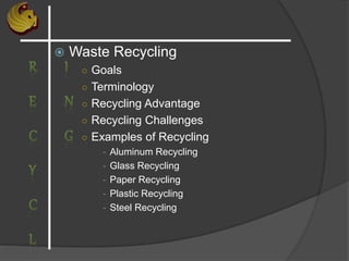  Waste Recycling
○ Goals
○ Terminology
○ Recycling Advantage
○ Recycling Challenges
○ Examples of Recycling
- Aluminum Recycling
- Glass Recycling
- Paper Recycling
- Plastic Recycling
- Steel Recycling
 