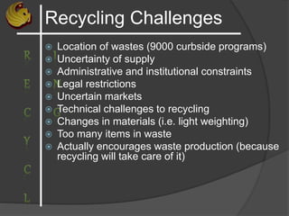 Recycling Challenges
 Location of wastes (9000 curbside programs)
 Uncertainty of supply
 Administrative and institutional constraints
 Legal restrictions
 Uncertain markets
 Technical challenges to recycling
 Changes in materials (i.e. light weighting)
 Too many items in waste
 Actually encourages waste production (because
recycling will take care of it)
 