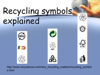 Recycling symbols
explained
http://www.recyclenow.com/why_recycling_matters/recycling_symbol
s.html
 