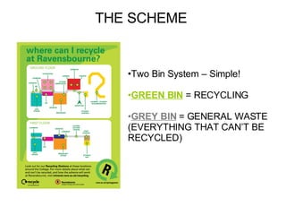 THE SCHEME <ul><li>Two Bin System – Simple! </li></ul><ul><li>GREEN BIN  = RECYCLING </li></ul><ul><li>GREY BIN  = GENERAL...