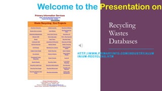 Recycling
Wastes
Databases
HTTP://WWW.PRIMARYINFO.COM/INDUSTRY/ALUM
INIUM-RECYCLING.HTM
Welcome to the Presentation on
 