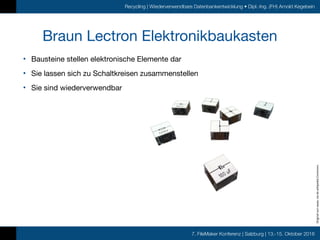 7. FileMaker Konferenz | Salzburg | 13.-15. Oktober 2016
Recycling | Wiederverwendbare Datenbankentwicklung • Dipl.-Ing. (FH) Arnold Kegebein
Braun Lectron Elektronikbaukasten
• Bausteine stellen elektronische Elemente dar

• Sie lassen sich zu Schaltkreisen zusammenstellen

• Sie sind wiederverwendbar
	Original	von	xavax,	via	de.wikipedia	Commons
 