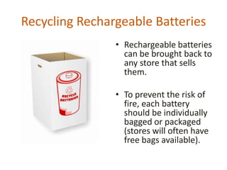 Recycling Rechargeable Batteries
                • Rechargeable batteries
                  can be brought back to
                  any store that sells
                  them.

                • To prevent the risk of
                  fire, each battery
                  should be individually
                  bagged or packaged
                  (stores will often have
                  free bags available).
 