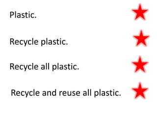 Plastic.Recycle plastic.Recycle all plastic.Recycle and reuse all plastic. 