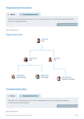 Organizational structure
Start writing here..
Organization chart
John Doe
CEO
Alice Brown
CMO
Jane Doe
COO
Emily White
Sales Manager
Mark Green
HR Manager Robert Brown
Operations Manager
End of interactive chart.
Compensation plan
Start writing here..
Explain the organizational structure of your management team. Include the reporting line and
decision-making hierarchy.
To unlock help try Upmetrics! 
Describe your compensation plan for the management and staff. Include their salaries,
incentives, and other benefits.
To unlock help try Upmetrics! 
 Help tip  Recycling Business Plan
 Help tip  Recycling Business Plan
Recycling Business Plan | Business Plan 2023 33/49
 