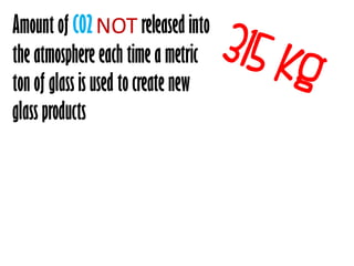 Amount of C02 NOT released into
the atmosphere each time a metric
ton of glass is used to create new
glass products
 