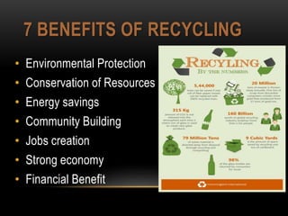 7 BENEFITS OF RECYCLING
• Environmental Protection
• Conservation of Resources
• Energy savings
• Community Building
• Job...