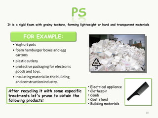 It is a rigid foam with grainy texture, forming lightweight or hard and transparent materials




                                                    • Electrical appliance
After recycling it with some especific              • Clothespin
treatments let's prune to obtain the                • Comb
following products:                                 • Coat stand
                                                    • Building materials

                                                                                          10
 