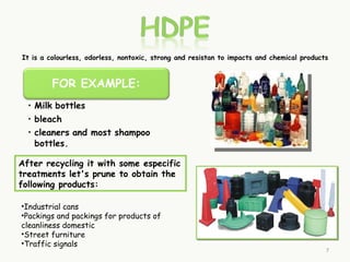 It is a colourless, odorless, nontoxic, strong and resistan to impacts and chemical products




After recycling it with some especific
treatments let's prune to obtain the
following products:

•Industrial cans
•Packings and packings for products of
cleanliness domestic
•Street furniture
•Traffic signals
                                                                                           7
 