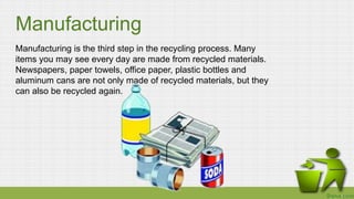 Manufacturing
Manufacturing is the third step in the recycling process. Many
items you may see every day are made from rec...