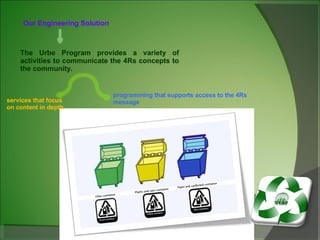 Our Engineering Solution The Urbe Program provides a variety of activities to communicate the 4Rs concepts to the community. programming that supports access to the 4Rs message services that focus on content in depth 