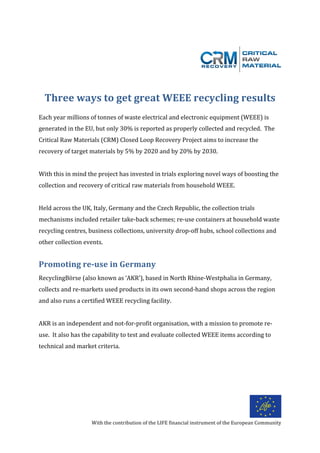  
With	
  the	
  contribution	
  of	
  the	
  LIFE	
  financial	
  instrument	
  of	
  the	
  European	
  Community	
  	
  
	
  
	
  
	
  
	
  
	
  
Three	
  ways	
  to	
  get	
  great	
  WEEE	
  recycling	
  results	
  	
  
	
  
Each	
  year	
  millions	
  of	
  tonnes	
  of	
  waste	
  electrical	
  and	
  electronic	
  equipment	
  (WEEE)	
  is	
  
generated	
  in	
  the	
  EU,	
  but	
  only	
  30%	
  is	
  reported	
  as	
  properly	
  collected	
  and	
  recycled.	
  	
  The	
  
Critical	
  Raw	
  Materials	
  (CRM)	
  Closed	
  Loop	
  Recovery	
  Project	
  aims	
  to	
  increase	
  the	
  
recovery	
  of	
  target	
  materials	
  by	
  5%	
  by	
  2020	
  and	
  by	
  20%	
  by	
  2030.	
  	
  
	
  
With	
  this	
  in	
  mind	
  the	
  project	
  has	
  invested	
  in	
  trials	
  exploring	
  novel	
  ways	
  of	
  boosting	
  the	
  
collection	
  and	
  recovery	
  of	
  critical	
  raw	
  materials	
  from	
  household	
  WEEE.	
  	
  	
  
	
  
Held	
  across	
  the	
  UK,	
  Italy,	
  Germany	
  and	
  the	
  Czech	
  Republic,	
  the	
  collection	
  trials	
  
mechanisms	
  included	
  retailer	
  take-­‐back	
  schemes;	
  re-­‐use	
  containers	
  at	
  household	
  waste	
  
recycling	
  centres,	
  business	
  collections,	
  university	
  drop-­‐off	
  hubs,	
  school	
  collections	
  and	
  
other	
  collection	
  events.	
  	
  	
  
	
  
Promoting	
  re-­‐use	
  in	
  Germany	
  
RecyclingBörse	
  (also	
  known	
  as	
  ‘AKR’),	
  based	
  in	
  North	
  Rhine-­‐Westphalia	
  in	
  Germany,	
  
collects	
  and	
  re-­‐markets	
  used	
  products	
  in	
  its	
  own	
  second-­‐hand	
  shops	
  across	
  the	
  region	
  
and	
  also	
  runs	
  a	
  certified	
  WEEE	
  recycling	
  facility.	
  	
  
	
  
AKR	
  is	
  an	
  independent	
  and	
  not-­‐for-­‐profit	
  organisation,	
  with	
  a	
  mission	
  to	
  promote	
  re-­‐
use.	
  	
  It	
  also	
  has	
  the	
  capability	
  to	
  test	
  and	
  evaluate	
  collected	
  WEEE	
  items	
  according	
  to	
  
technical	
  and	
  market	
  criteria.	
  	
  	
  	
  
	
  
	
  
	
  
 