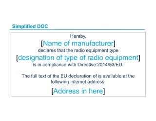 Simplified DOC
Hereby,
[Name of manufacturer]
declares that the radio equipment type
[designation of type of radio equipment]
is in compliance with Directive 2014/53/EU.
The full text of the EU declaration of is available at the
following internet address:
[Address in here]
 