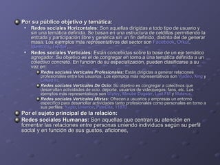 Por su público objetivo y temática:   Redes sociales Horizontales:  Son aquellas dirigidas a todo tipo de usuario y sin una temática definida. Se basan en una estructura de celdillas permitiendo la entrada y participación libre y genérica sin un fin definido, distinto del de generar masa. Los ejemplos más representativos del sector son  Facebook ,  Orkut ,  Identi.ca ,  Twitter . Redes sociales Verticales:  Están concebidas sobre la base de un eje temático agregador. Su objetivo es el de congregar en torno a una temática definida a un colectivo concreto. En función de su especialización, pueden clasificarse a su vez en:  Redes sociales Verticales Profesionales:  Están dirigidas a generar relaciones profesionales entre los usuarios. Los ejemplos más representativos son  Viadeo ,  Xing  y  Linked  In . Redes sociales Verticales De Ocio:  Su objetivo es congregar a colectivos que desarrollan actividades de ocio, deporte, usuarios de videojuegos, fans, etc. Los ejemplos más representativos son  Wipley ,  Minube   Dogster ,  Last.FM  y  Moterus . Redes sociales Verticales Mixtas:  Ofrecen a usuarios y empresas un entorno específico para desarrollar actividades tanto profesionales como personales en torno a sus perfiles:  Yuglo ,  Unience ,  PideCita ,  11870 Por el sujeto principal de la relación:   Redes sociales Humanas:  Son aquellas que centran su atención en fomentar las relaciones entre personas uniendo individuos según su perfil social y en función de sus gustos, aficiones,  