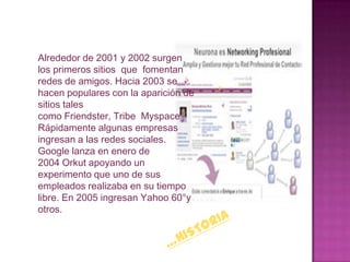 Alrededor de 2001 y 2002 surgen
los primeros sitios que fomentan
redes de amigos. Hacia 2003 se
hacen populares con la aparición de
sitios tales
como Friendster, Tribe Myspace
Rápidamente algunas empresas
ingresan a las redes sociales.
Google lanza en enero de
2004 Orkut apoyando un
experimento que uno de sus
empleados realizaba en su tiempo
libre. En 2005 ingresan Yahoo 60°y
otros.
 