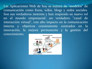 Las Aplicaciones Web de hoy se nutren de "modelos" de
comunicación como foros, wikis, blogs y redes sociales.
Son sus verdaderos motores y han inspirado su nuevo rol
en el mundo empresarial: un verdadero "canal de
interacción virtual", con alto impacto en la comunicación
interna y objetivos comúnmente centrados en la
innovación, la mejora permanente y la gestión del
conocimiento.
 